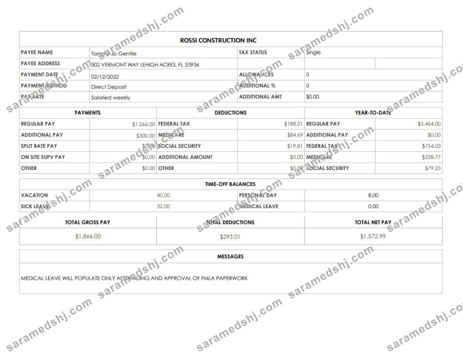 Rossi Construction Inc pay stub in PDf ad Word formats